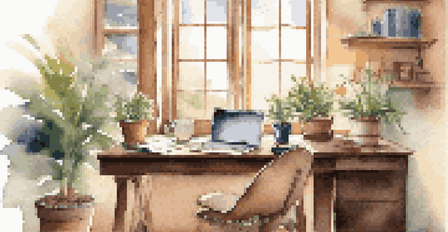 A cozy workspace with a wooden desk, laptop, coffee cup, and an open notebook, illuminated by natural light from a window.