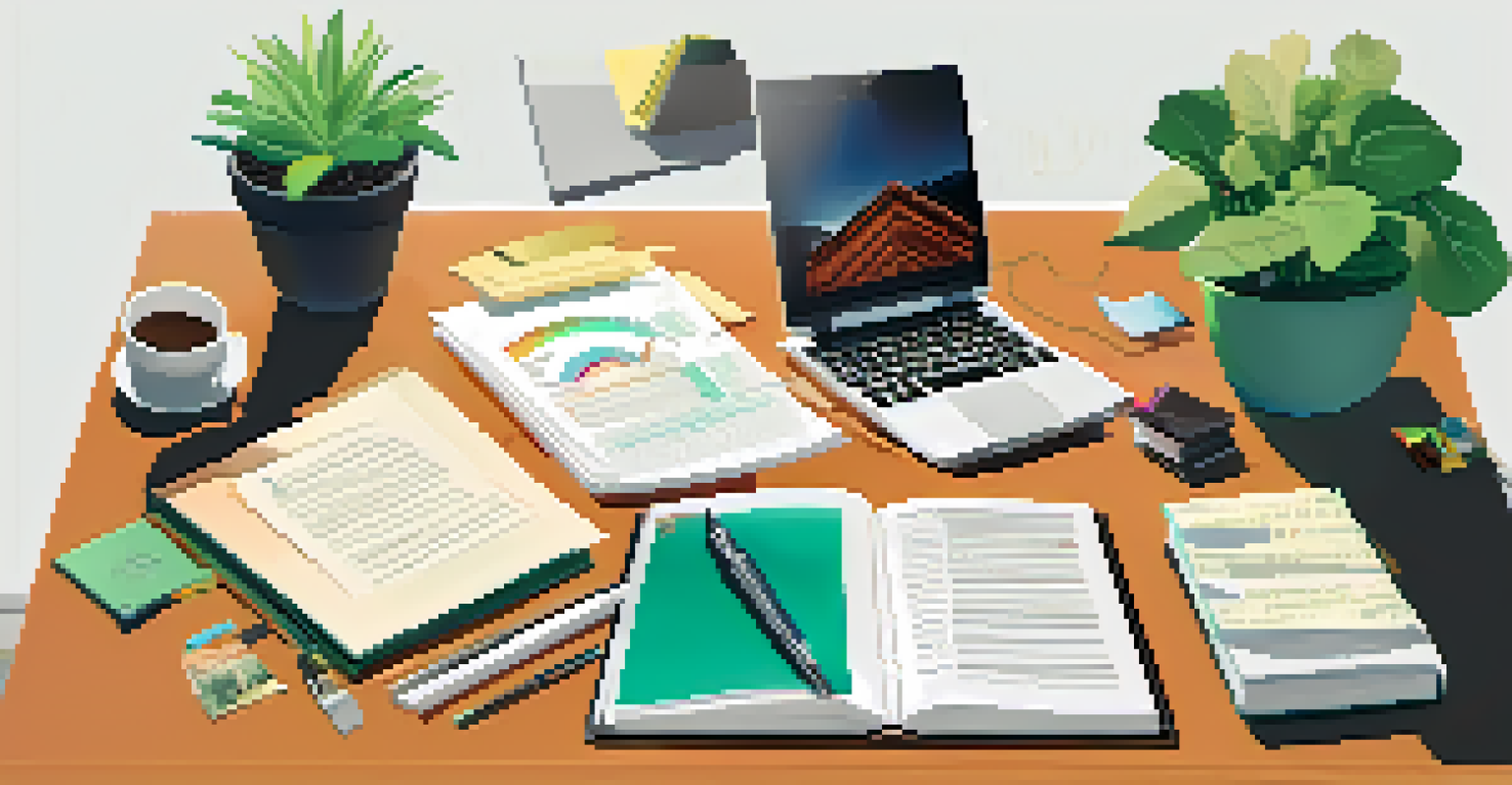 An overhead view of a desk with investment books, a tablet, a cup of coffee, and sticky notes, all in natural light.