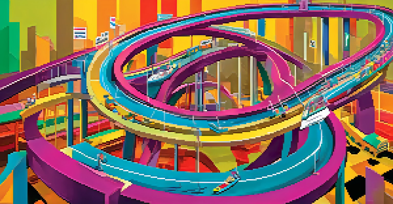 An abstract representation of trading risk management, featuring a roller coaster track and colorful graphs symbolizing market volatility.
