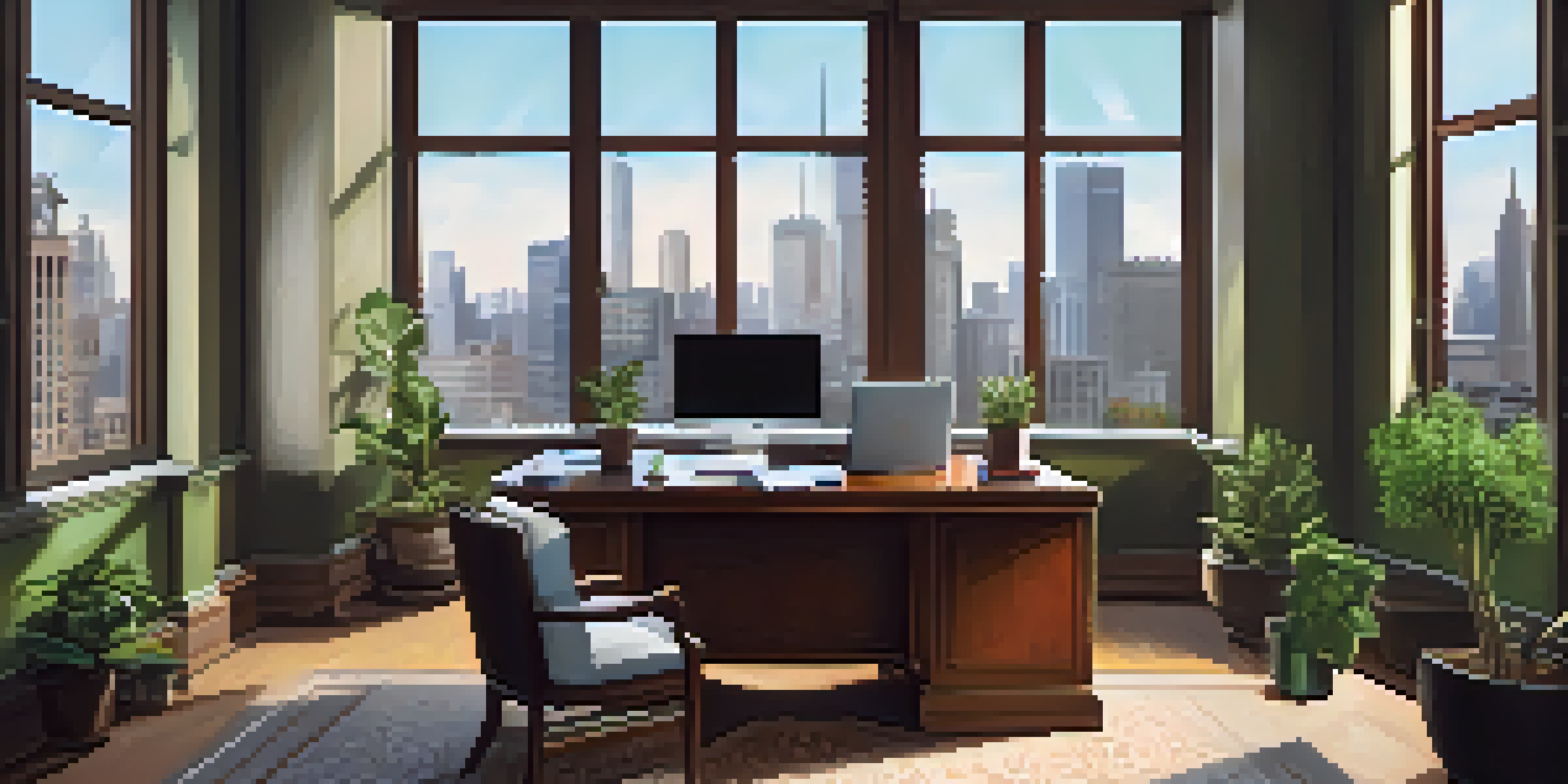 A financial advisor's office with a wooden desk, laptop, and city skyline visible through the window.