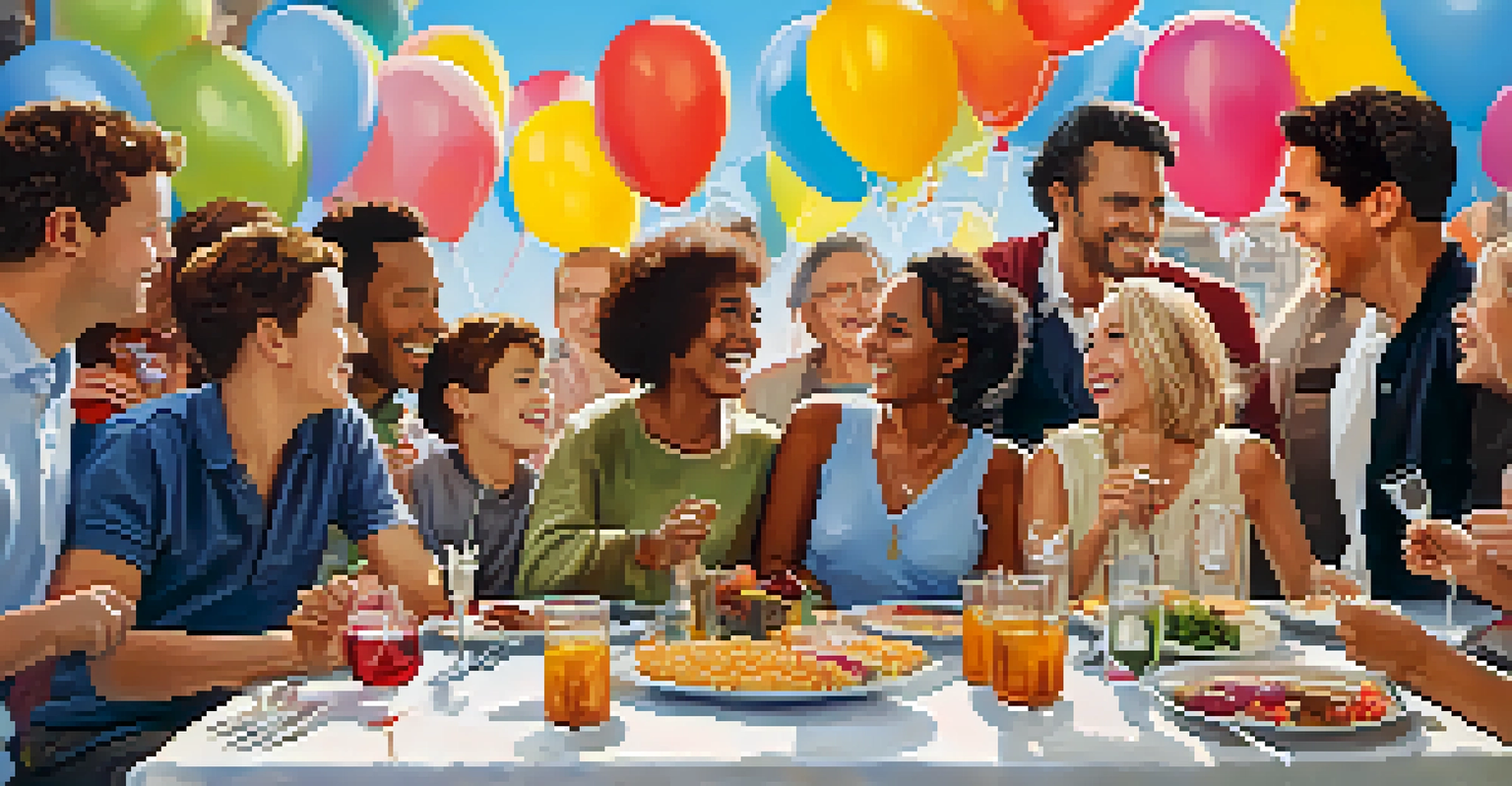 A group of friends celebrating around a table with food, balloons, and a 'Congratulations' banner.