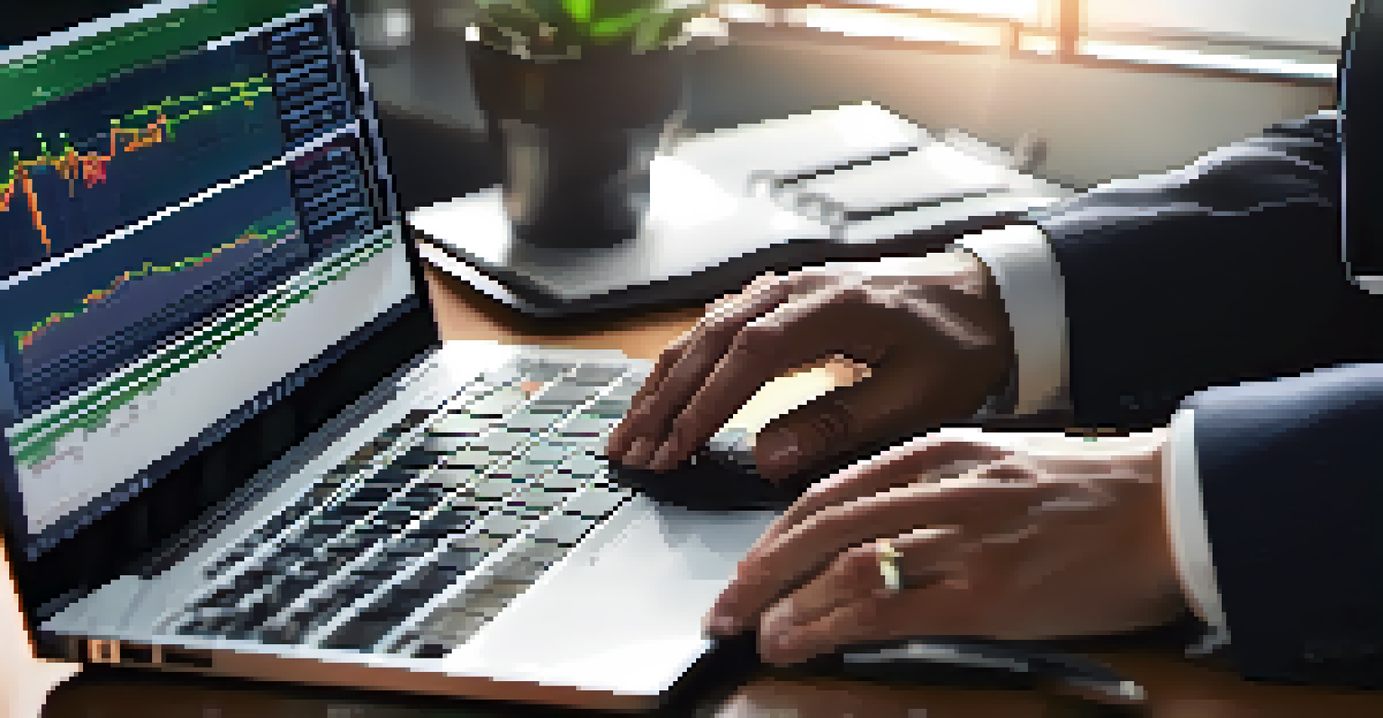 A close-up shot of hands typing on a laptop with stock option valuation graphs, surrounded by financial documents and a cup of coffee.