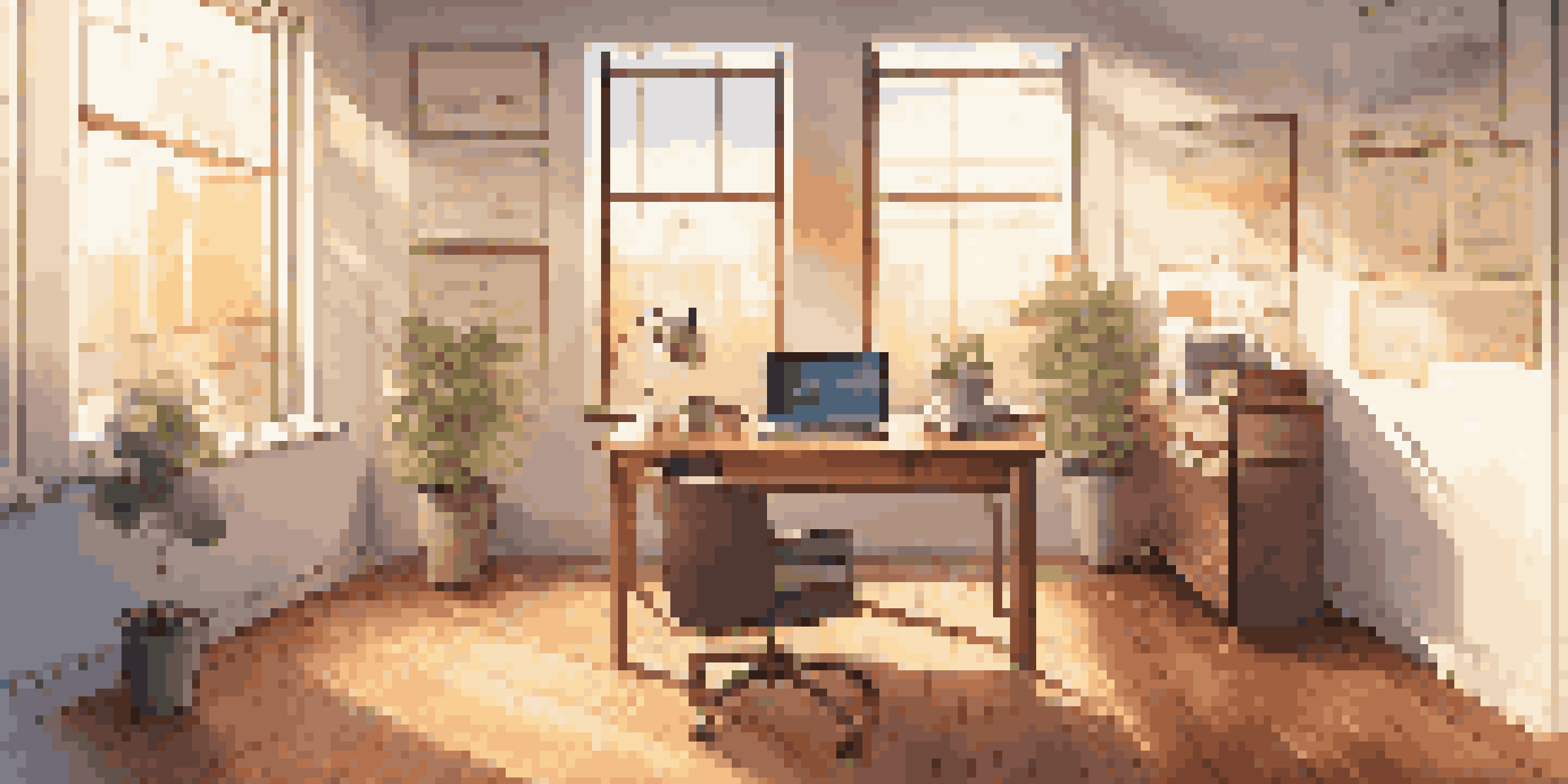 A modern office space with a laptop showing financial charts, a coffee cup, and sunlight streaming through a window.