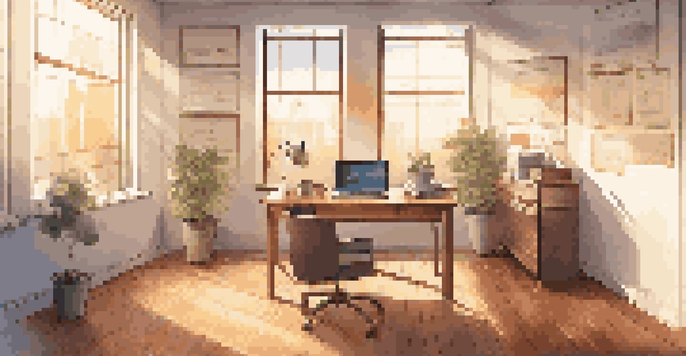 A modern office space with a laptop showing financial charts, a coffee cup, and sunlight streaming through a window.