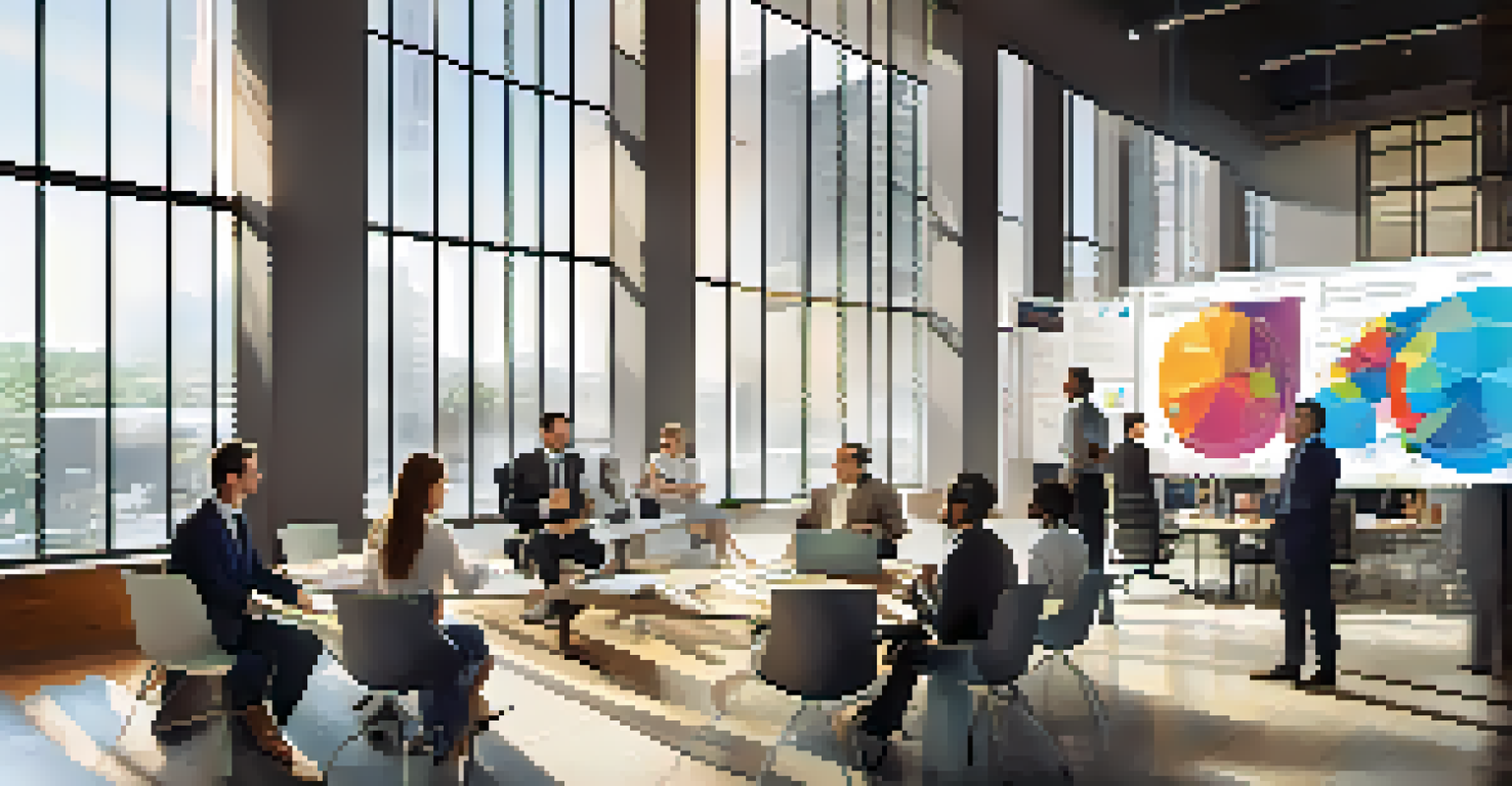 A diverse group of professionals in a modern office discussing around a large table.