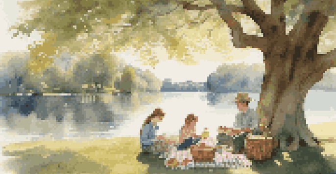 A family having a picnic under an oak tree, with a basket and checkered blanket in a sunny park.