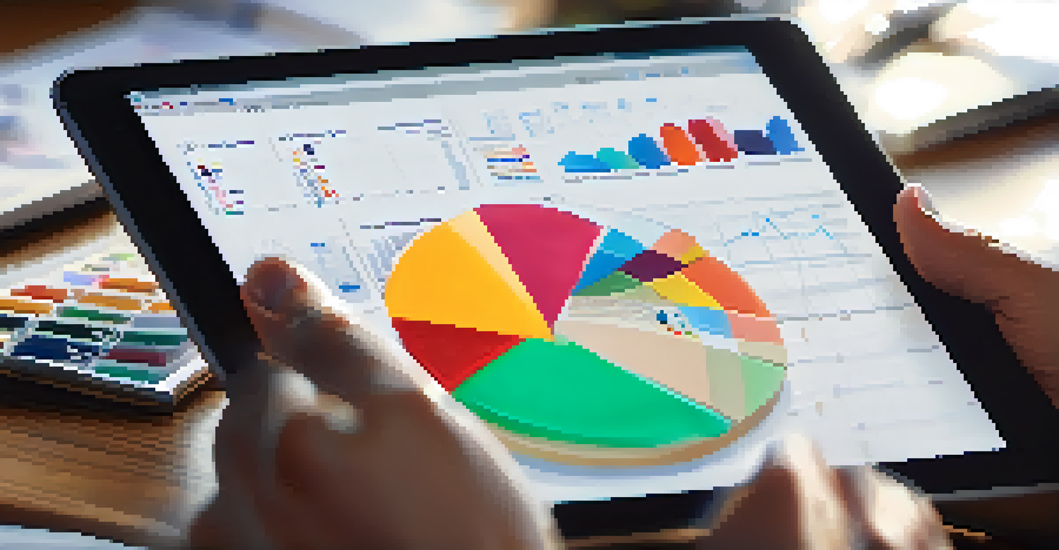 Close-up of hands holding a tablet showing financial data, with a notepad and pen in the background.