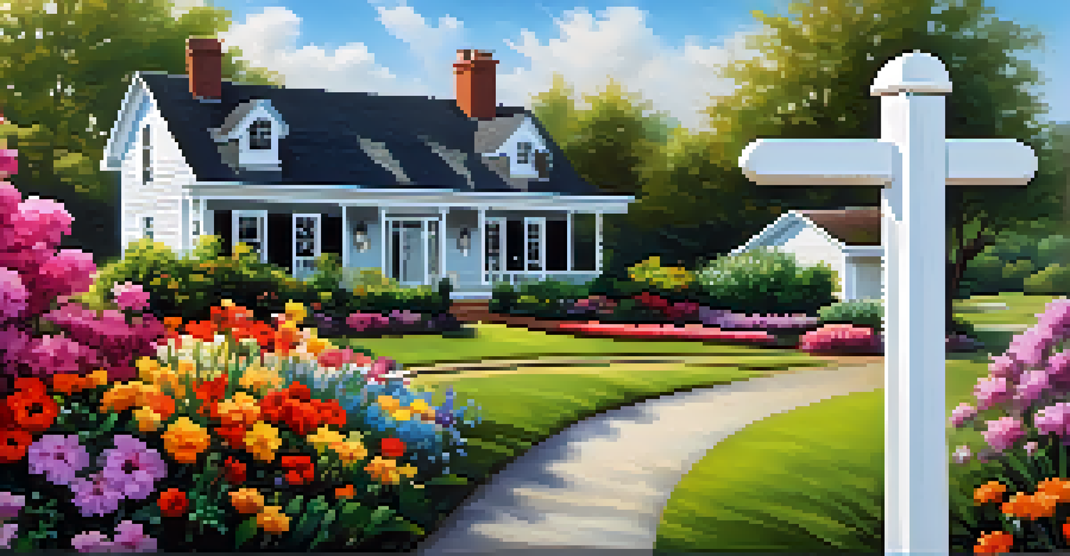 A close-up of a 'For Sale' sign in front of a charming house with flowers.