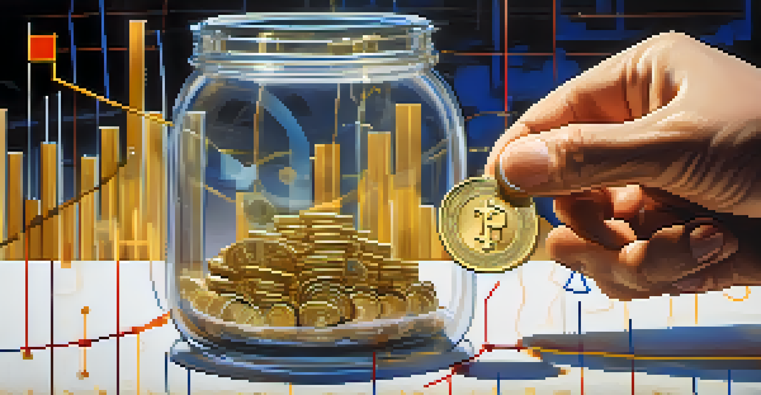 A hand adding a gold coin to a jar labeled 'Investments' with blurred financial graphs in the background.