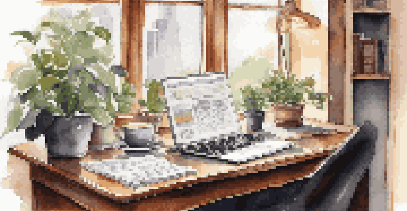A modern office desk with a laptop, financial documents, a potted plant, and a cup of coffee, illuminated by natural light.