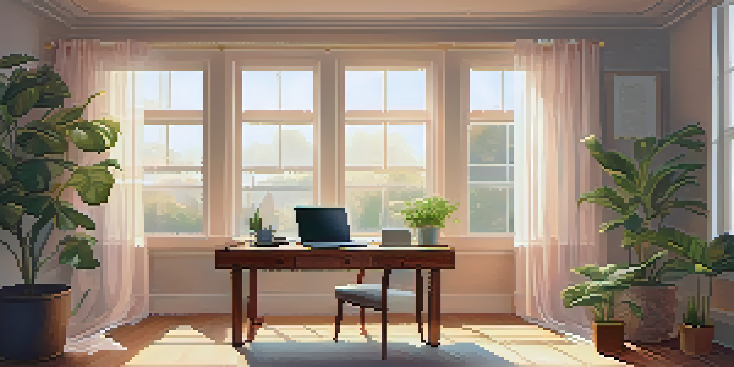 A bright and calming home office space with a wooden desk, laptop, and a plant, illuminated by soft sunlight.