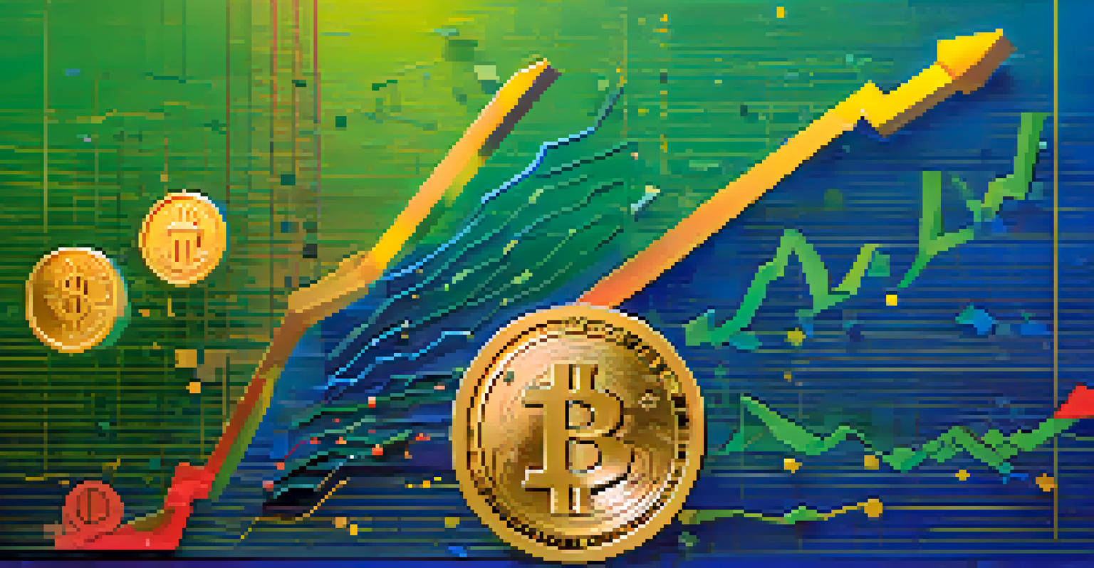 An abstract stock market graph with colorful lines and symbols of wealth.
