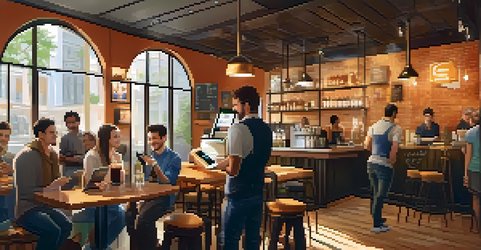 A barista in a café accepting Bitcoin payment through a smartphone, with customers enjoying their drinks in the background.