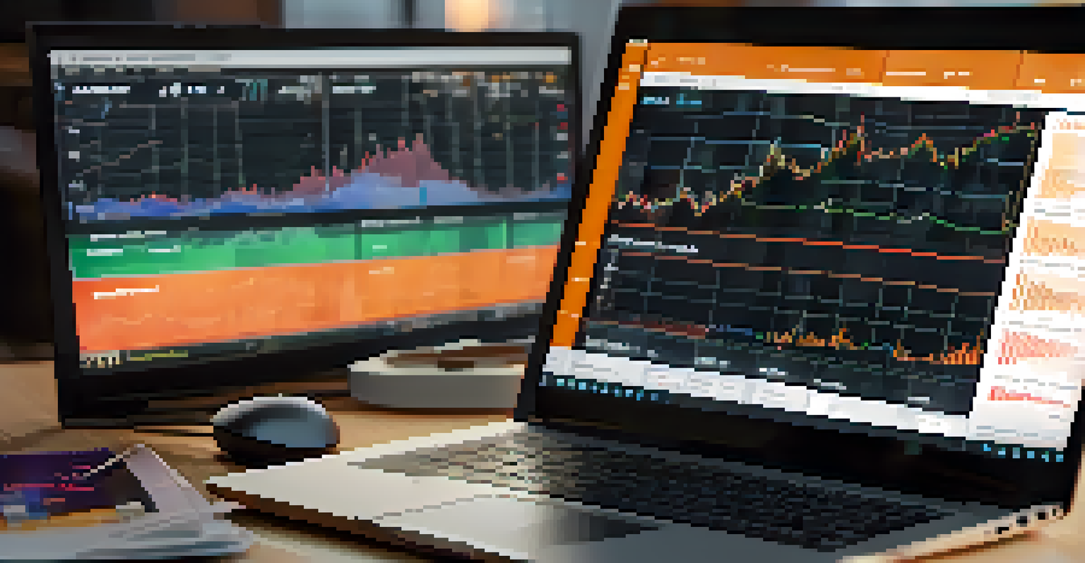 A laptop screen displaying market graphs and charts in a cozy workspace.