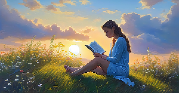 A young woman reading a book on a grassy hill during sunset, surrounded by wildflowers.
