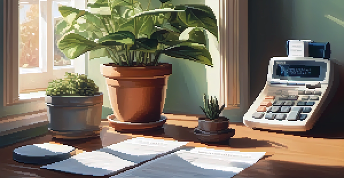 A bright room with a wooden table covered in health savings account documents, a calculator, and a potted plant, illuminated by soft sunlight.