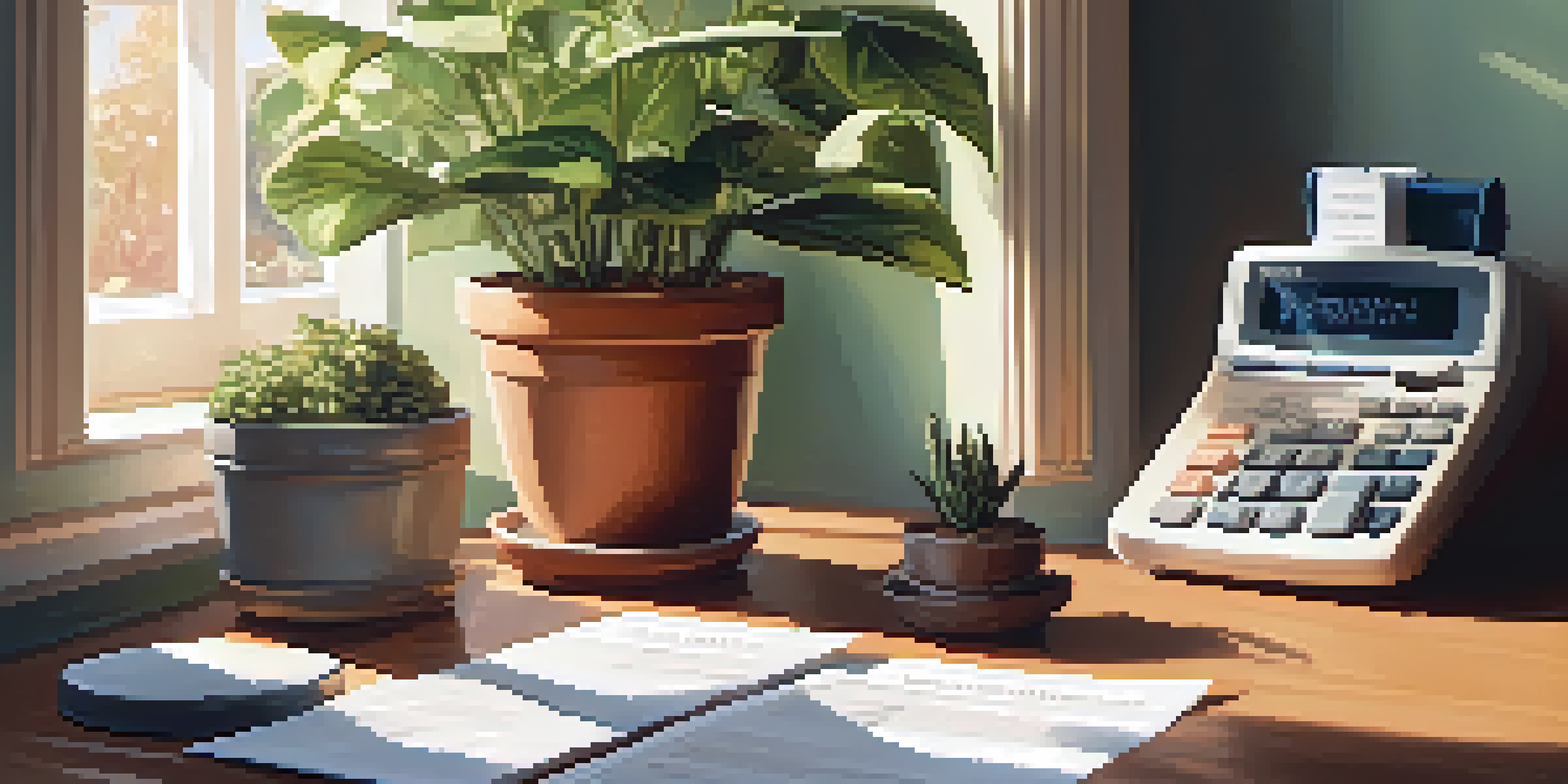 A bright room with a wooden table covered in health savings account documents, a calculator, and a potted plant, illuminated by soft sunlight.