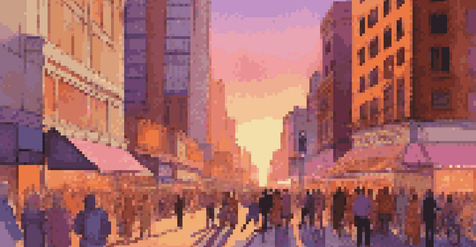 A city street at sunset, filled with people and illuminated by neon lights, with a colorful sky above.