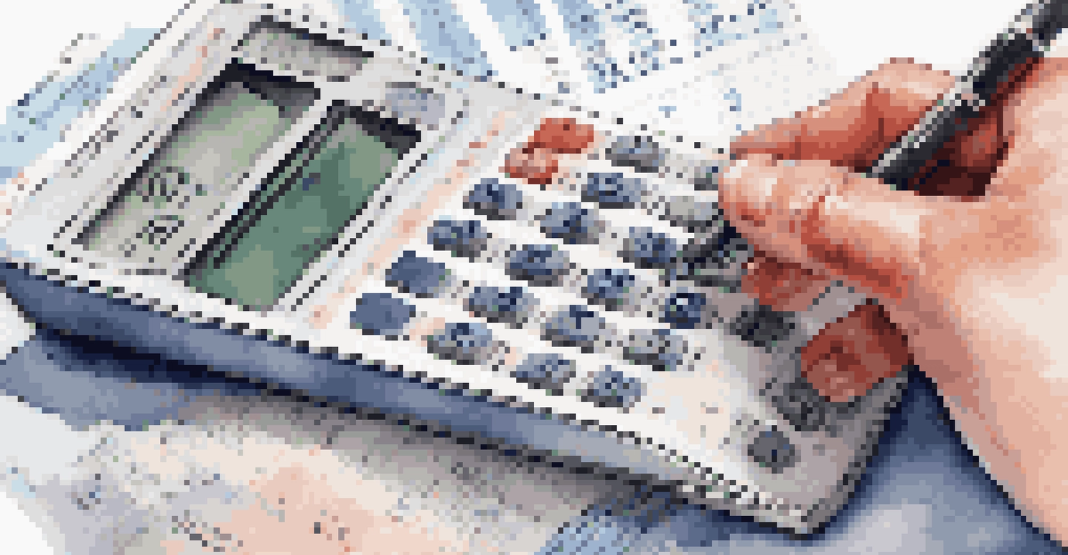 A hand holding a calculator with financial graphs and charts in the background, representing retirement savings.