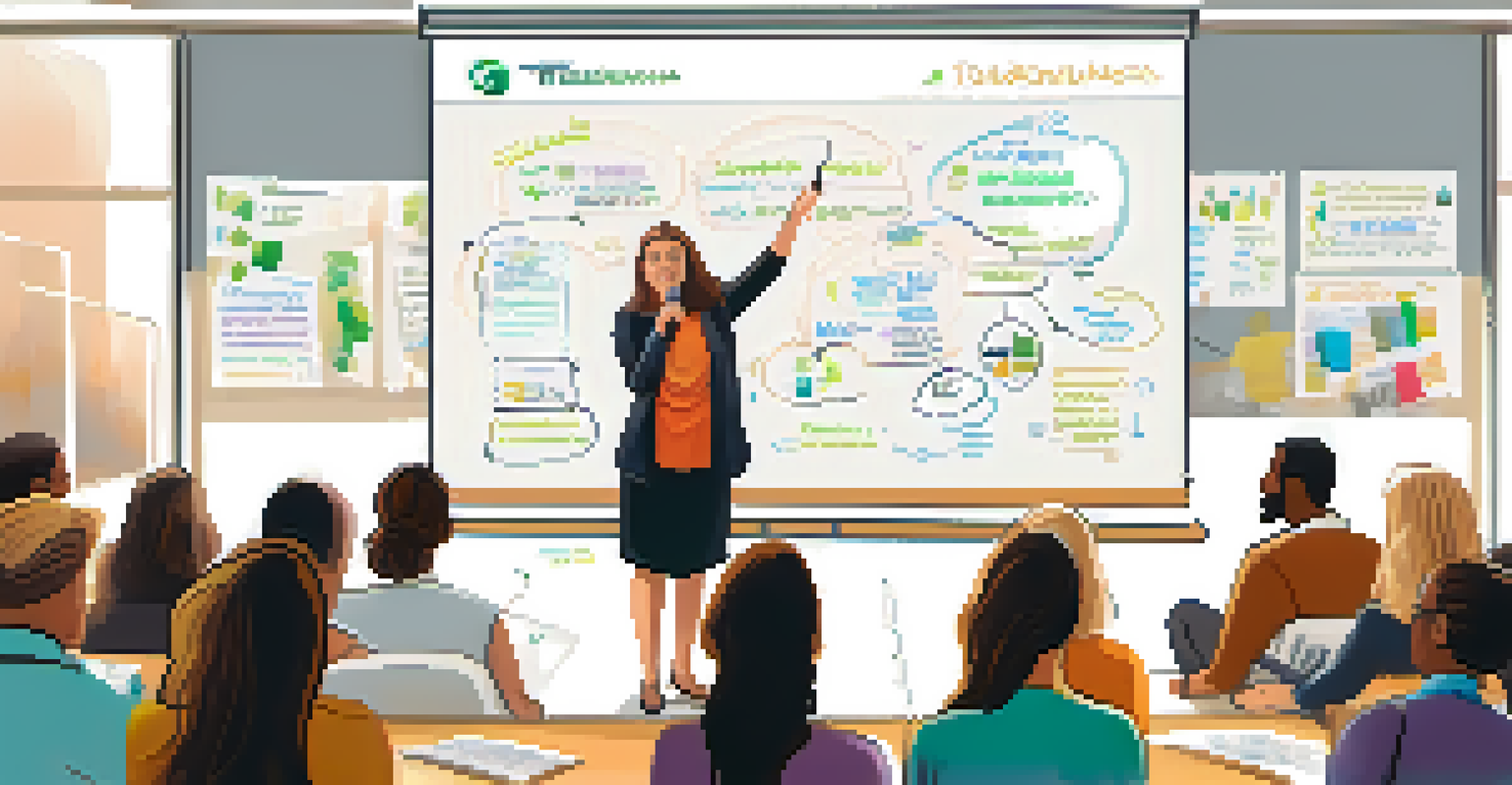 A woman leading a workshop on sustainable investing, with attendees engaged and a whiteboard filled with notes in a bright room.