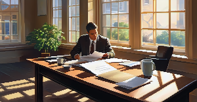 A business professional in a bright office reviewing financial documents with sunlight filtering through a window.
