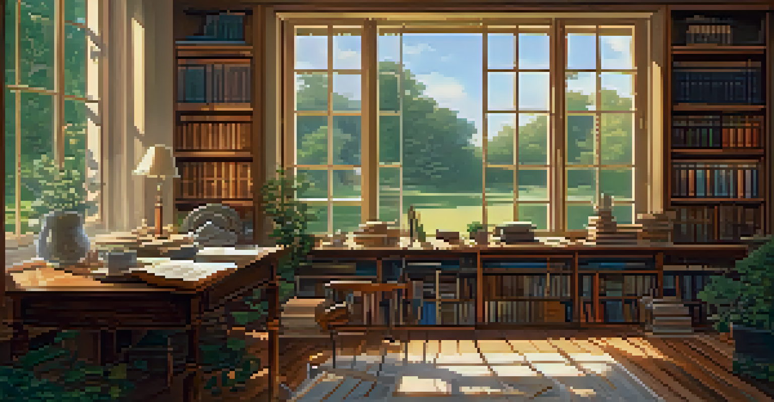 A warm and inviting study room with a wooden desk, books, and a view of a garden through a large window.