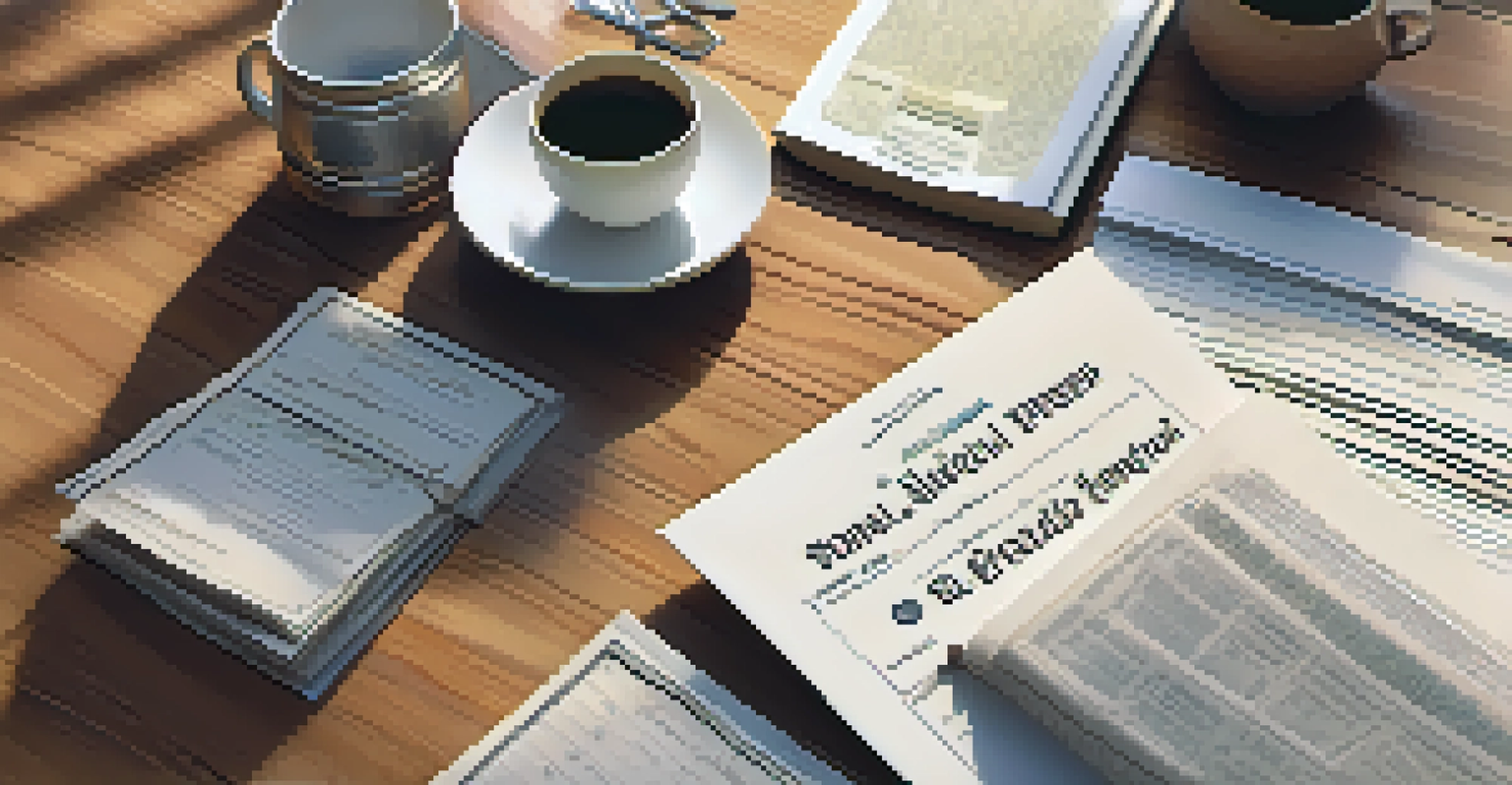An aerial view of stock certificates and mutual fund documents on a wooden table with a coffee cup and a notepad.