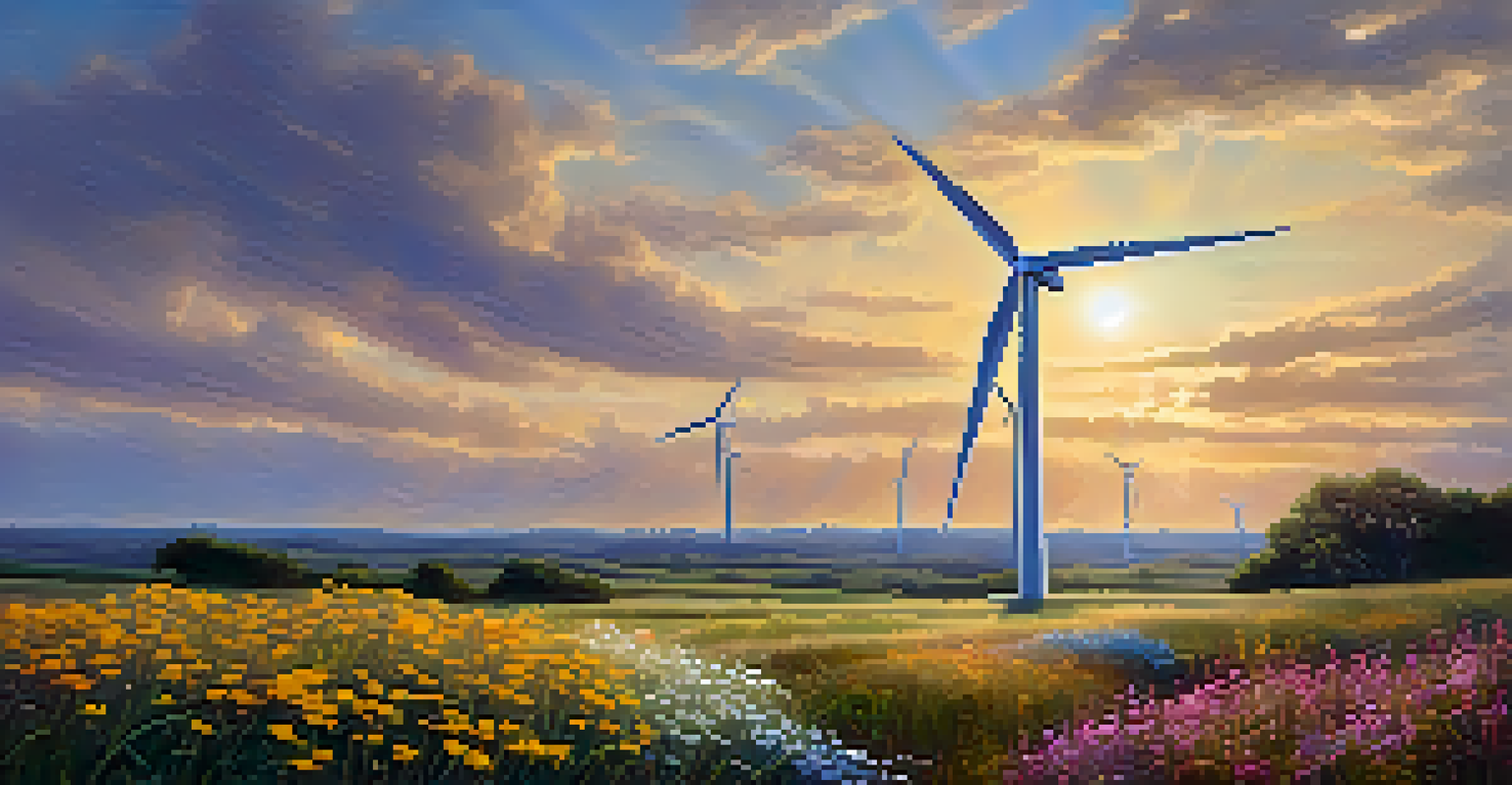 A close-up of a wind turbine with its blades turning and flowers in the foreground against a cloudy sky.