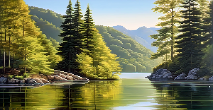 A peaceful lake scene with green mountains, blue sky, and sunlight reflecting on the water.