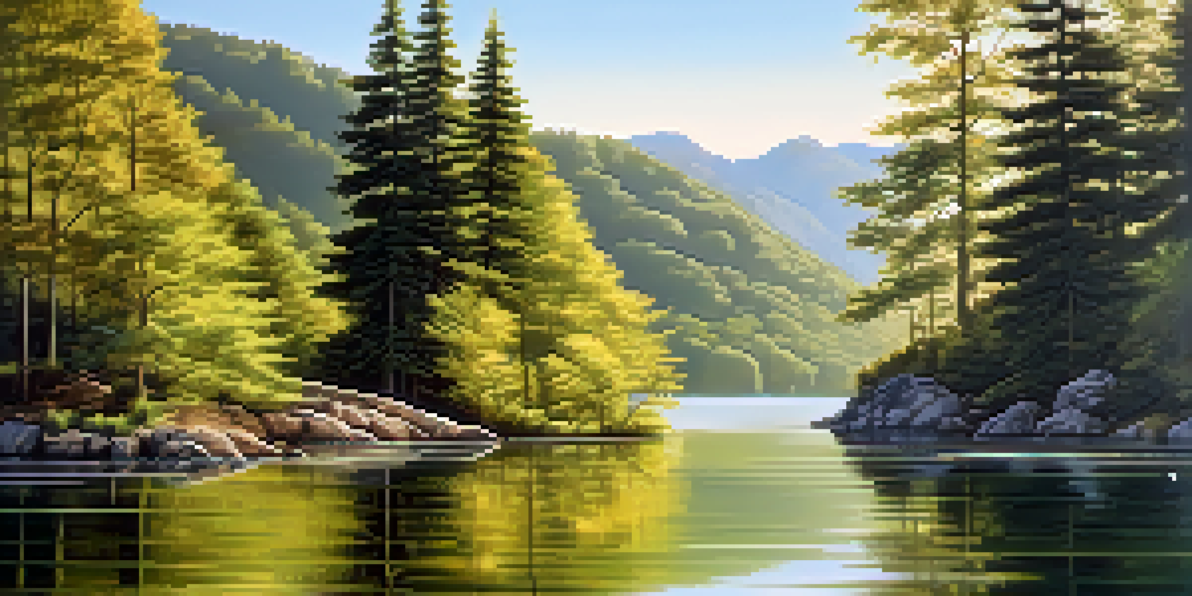 A peaceful lake scene with green mountains, blue sky, and sunlight reflecting on the water.