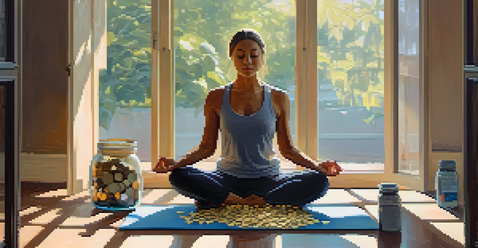 A person meditating on a yoga mat with a jar of coins representing an emergency fund, surrounded by soft sunlight.