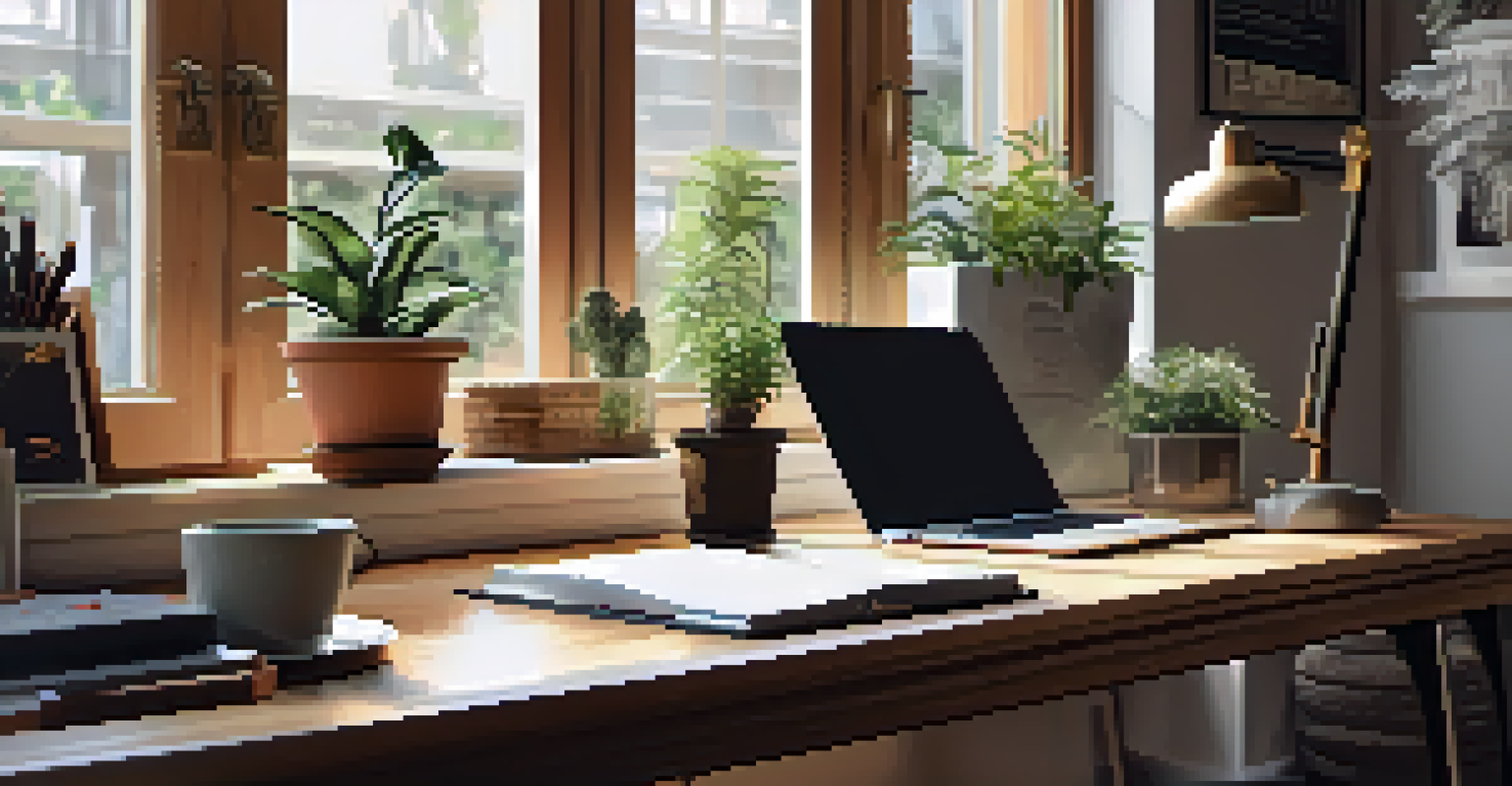 A cozy home office with a wooden desk, laptop, plants, and a cup of coffee, illuminated by natural light.
