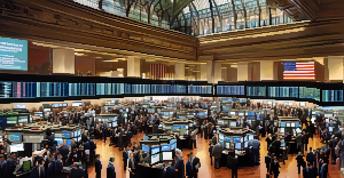 A busy stock exchange with traders looking at screens and reacting to price changes.