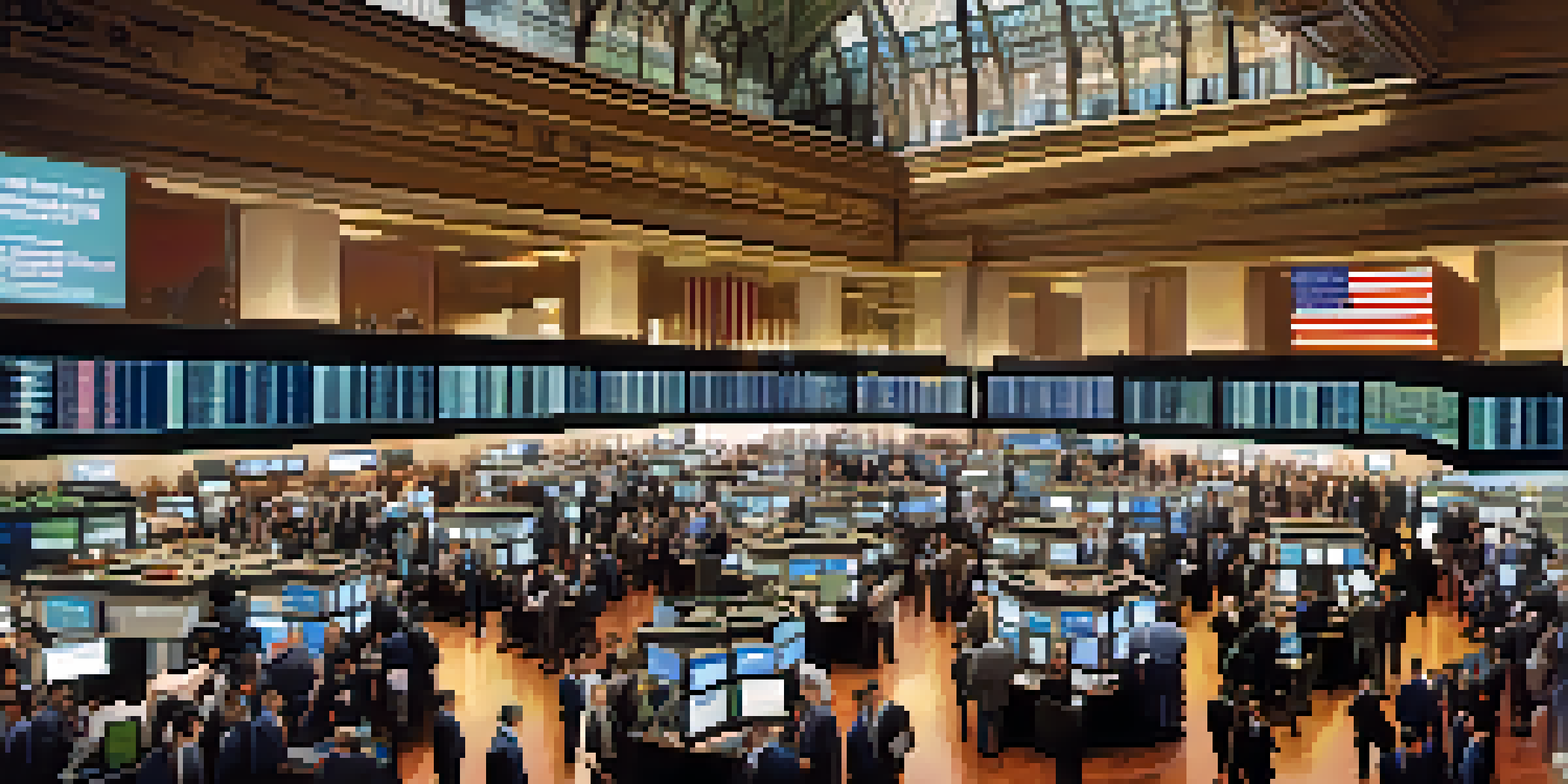 A busy stock exchange with traders looking at screens and reacting to price changes.