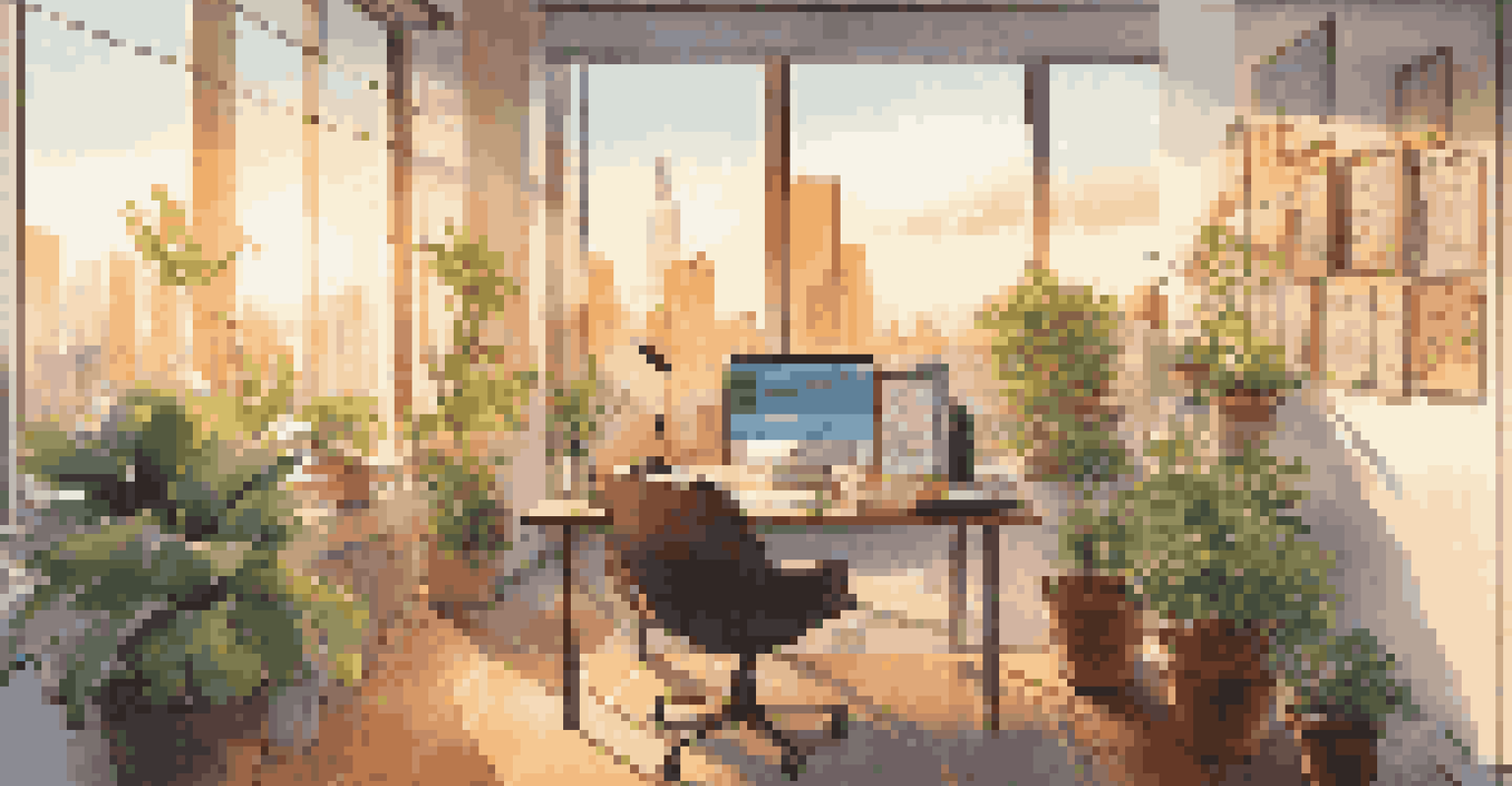 A modern office workspace with a laptop showing financial graphs, documents, and a city view outside.