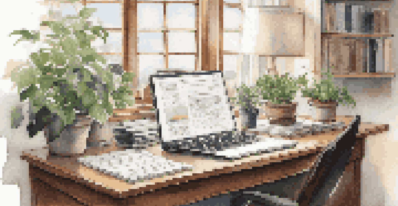 A tidy wooden desk with financial documents, a laptop, and a potted plant, illuminated by soft natural light.