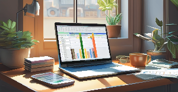 A well-organized workspace with a laptop displaying a budgeting spreadsheet, stationery items, a cup of coffee, and a potted plant, illuminated by warm morning light.