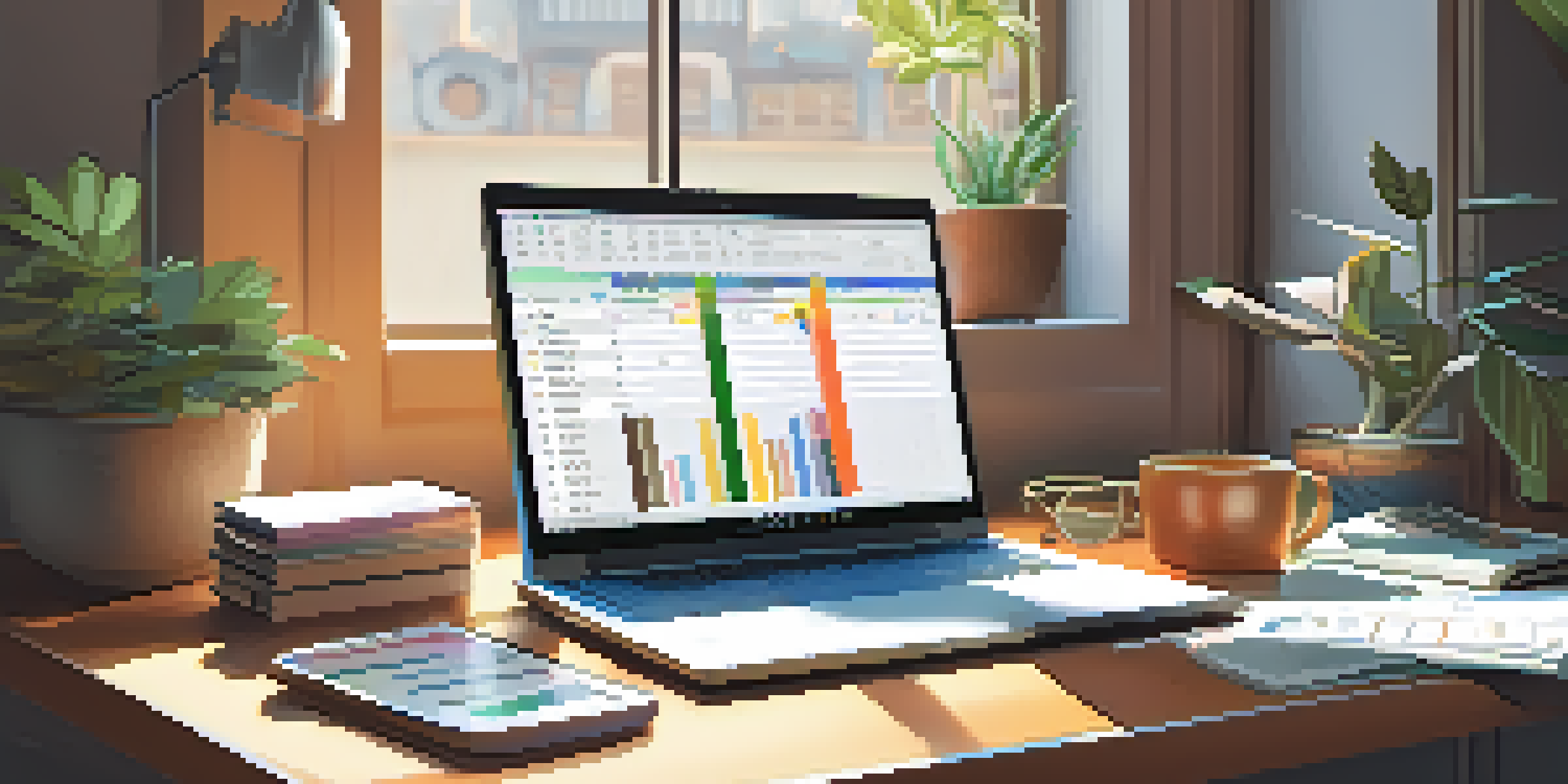 A well-organized workspace with a laptop displaying a budgeting spreadsheet, stationery items, a cup of coffee, and a potted plant, illuminated by warm morning light.