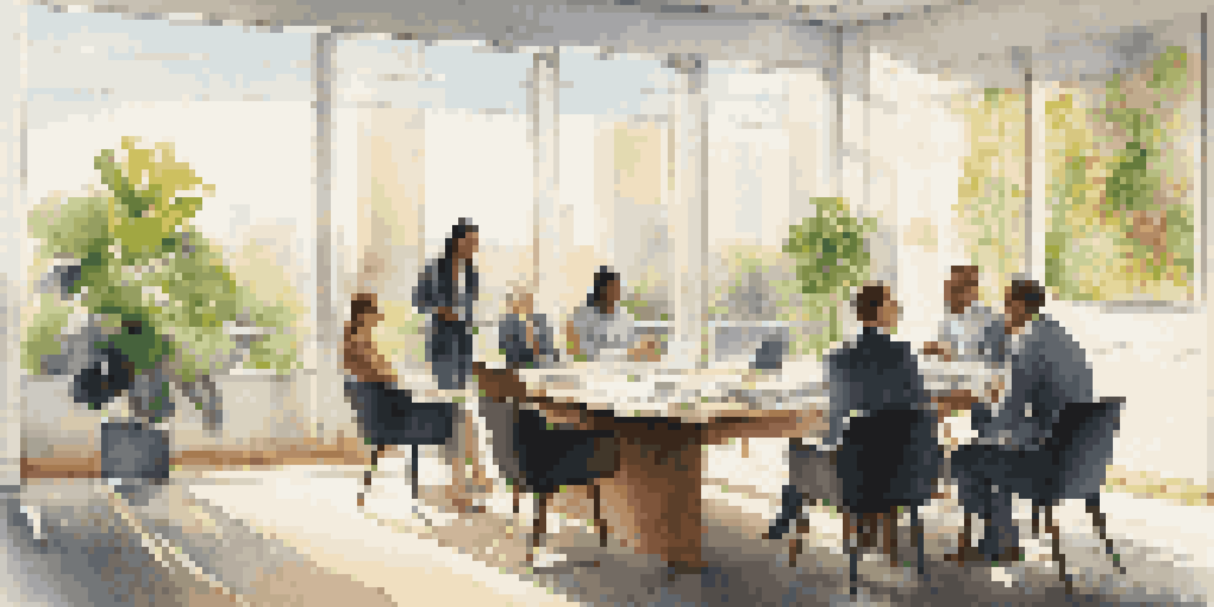 A diverse group of professionals in a bright office discussing financial documents with plants and modern furniture around them.