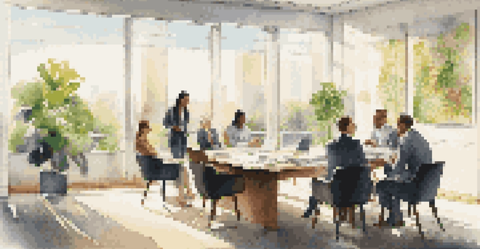 A diverse group of professionals in a bright office discussing financial documents with plants and modern furniture around them.