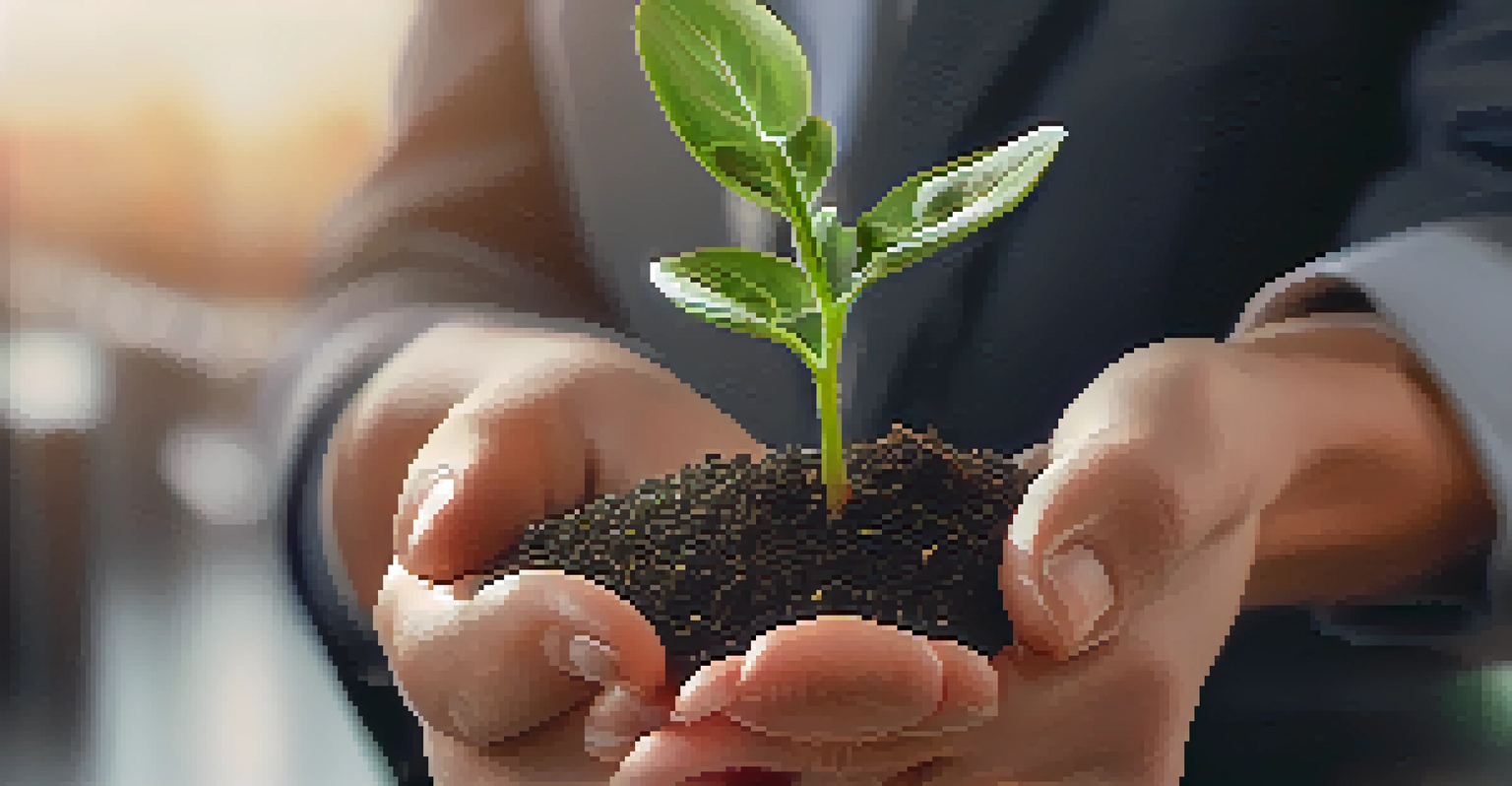 A hand holding a small plant in front of blurred stock market charts, symbolizing investment growth.