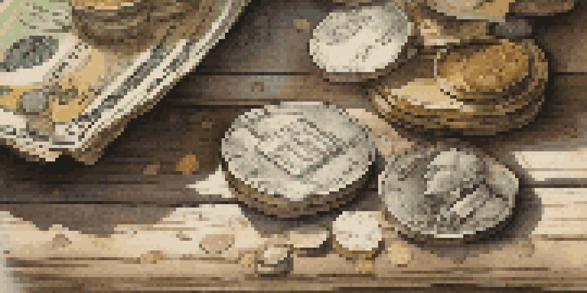 A detailed close-up of vintage cash, including various coins and crumpled banknotes on a rustic wooden table, with soft lighting and shadows enhancing the textures.