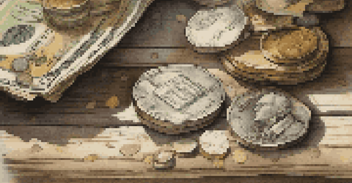 A detailed close-up of vintage cash, including various coins and crumpled banknotes on a rustic wooden table, with soft lighting and shadows enhancing the textures.
