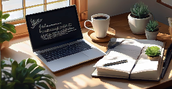 A cozy workspace with a wooden desk, a laptop, a notepad with written financial goals, a cup of coffee, and a small plant, illuminated by warm sunlight.
