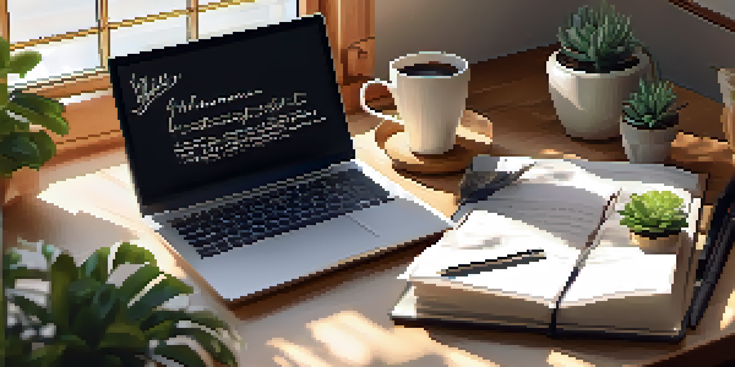 A cozy workspace with a wooden desk, a laptop, a notepad with written financial goals, a cup of coffee, and a small plant, illuminated by warm sunlight.