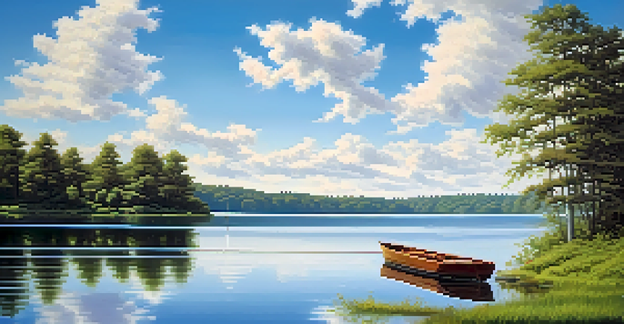 A calm lake surrounded by green trees, with sunlight reflecting on the water and a small boat near the shore.