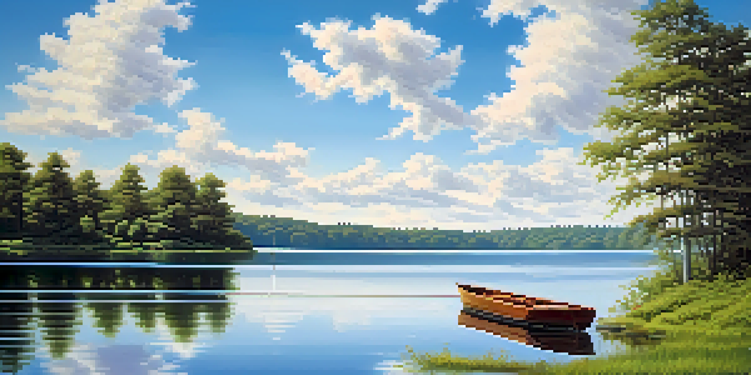 A calm lake surrounded by green trees, with sunlight reflecting on the water and a small boat near the shore.