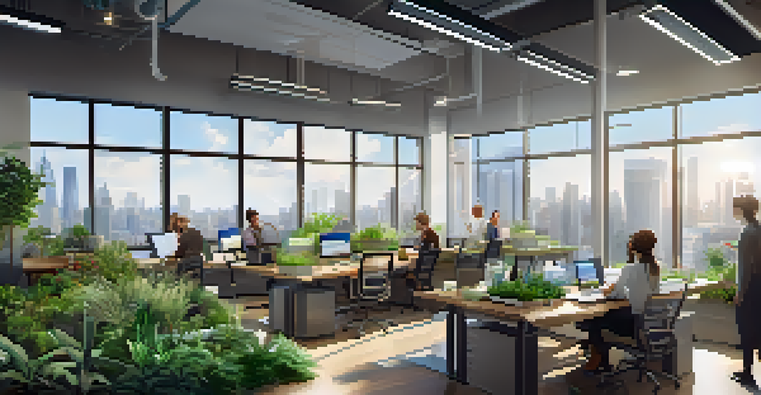 A diverse group of employees working together in a bright office with plants and eco-friendly materials, representing corporate social responsibility.