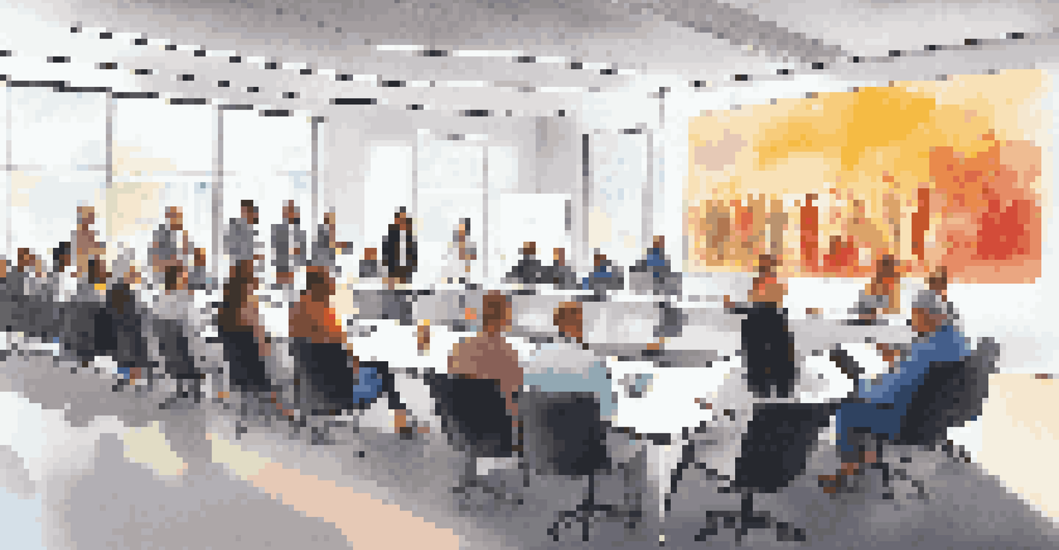 A diverse group of investors in a conference room discussing economic indicators and trends, with a large screen displaying relevant data.