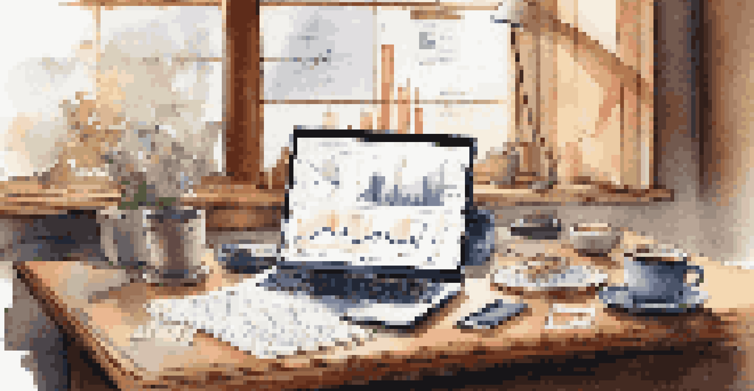 A well-organized wooden desk with a laptop displaying stock graphs, a notepad, and a coffee cup, all bathed in natural light from a window.